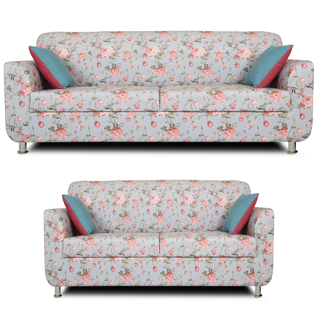 Adorn India Roselyn Digital Print 3+2 5 Seater Sofa Set (Blue)