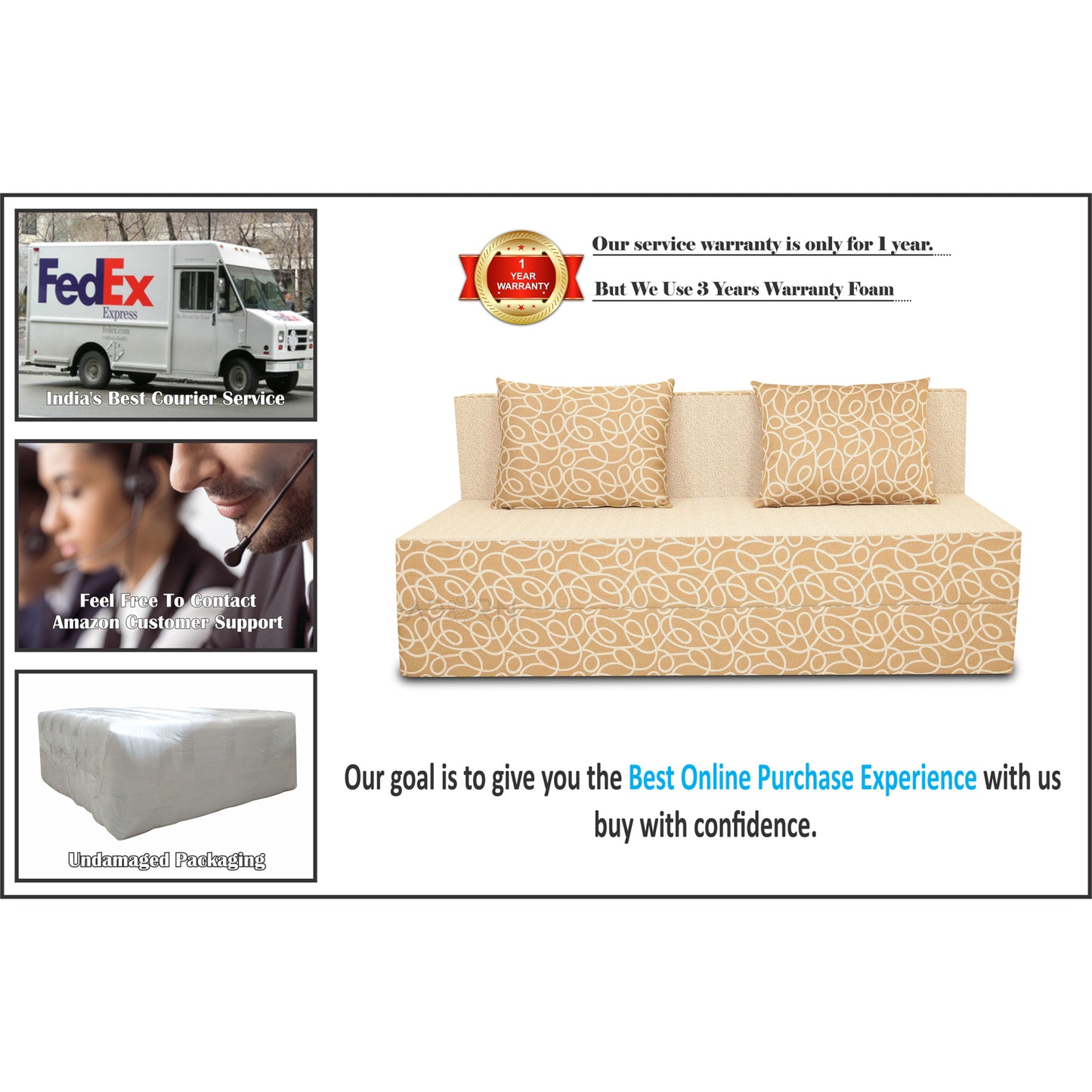 Adorn India Easy Three Seater Sofa Cum Bed Poly Cotton (Beige) 5'X6'