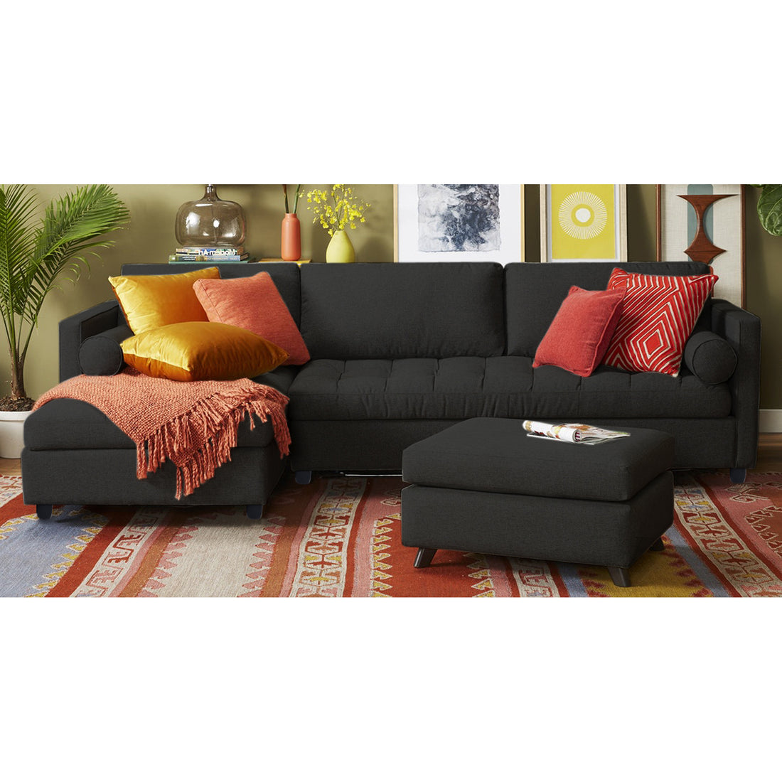 Adorn India Alexander L Shape 7 Seater Sofa Set with Ottoman Puffy LHS (Black) (3 Year Warranty)