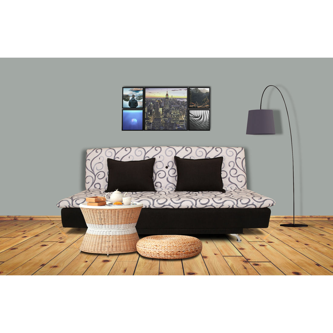 Adorn India Berry 3 Seater Sofa Cum Bed Digitel Print (Grey & Black)