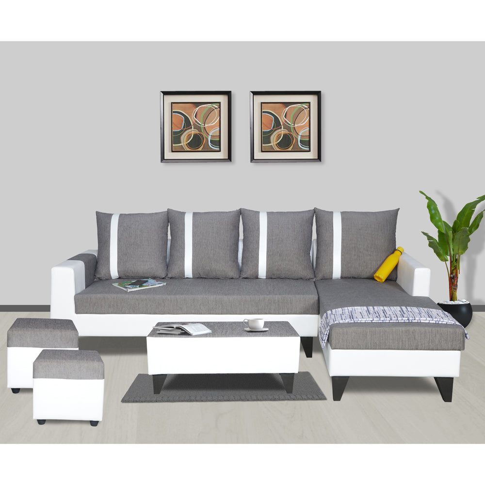 Adorn India Ashley Stripes Leatherette Fabric L Shape 8 Seater Sofa Set with 2 Ottoman Puffy & Center Table RHS (Grey & White) (3 Year Warranty)