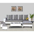 Adorn India Ashley Stripes Leatherette Fabric L Shape 8 Seater Sofa Set with 2 Ottoman Puffy & Center Table RHS (Grey & White) (3 Year Warranty)