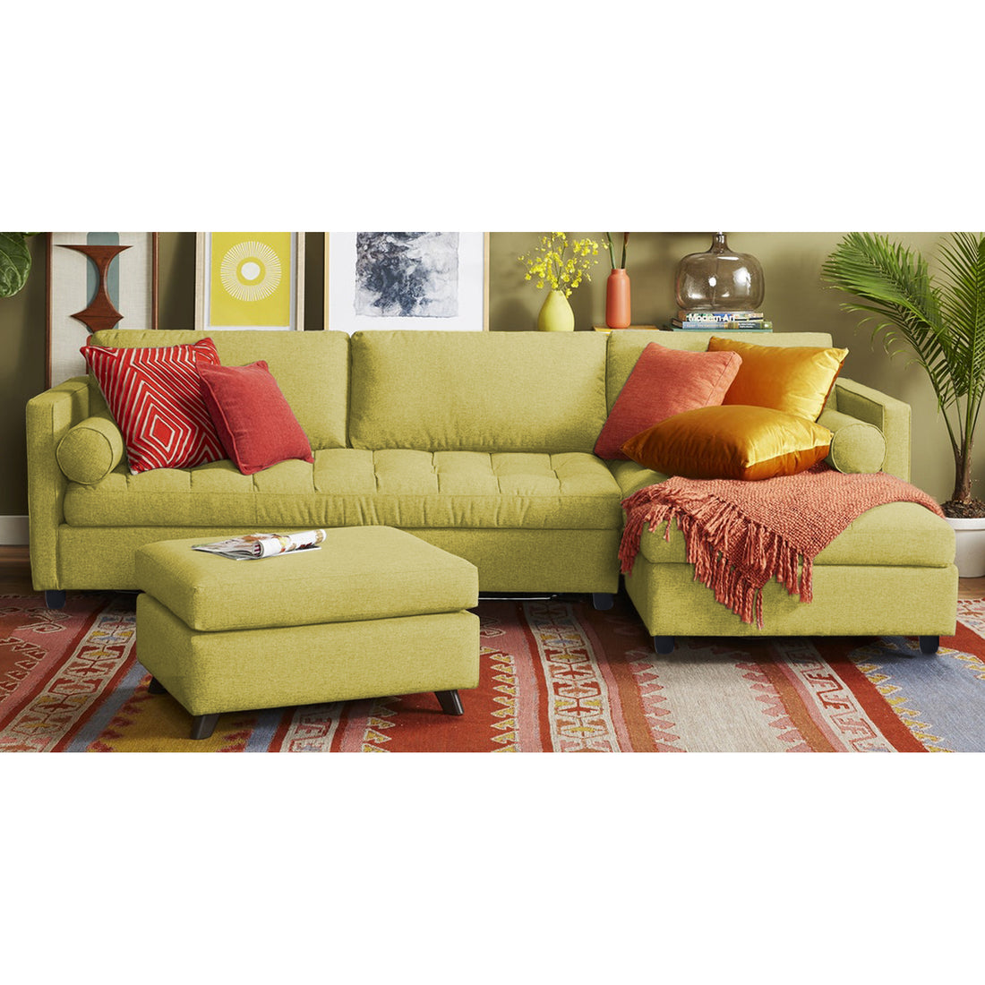 Adorn India Alexander L Shape 7 Seater Sofa Set with Ottoman Puffy RHS (Green) (3 Year Warranty)