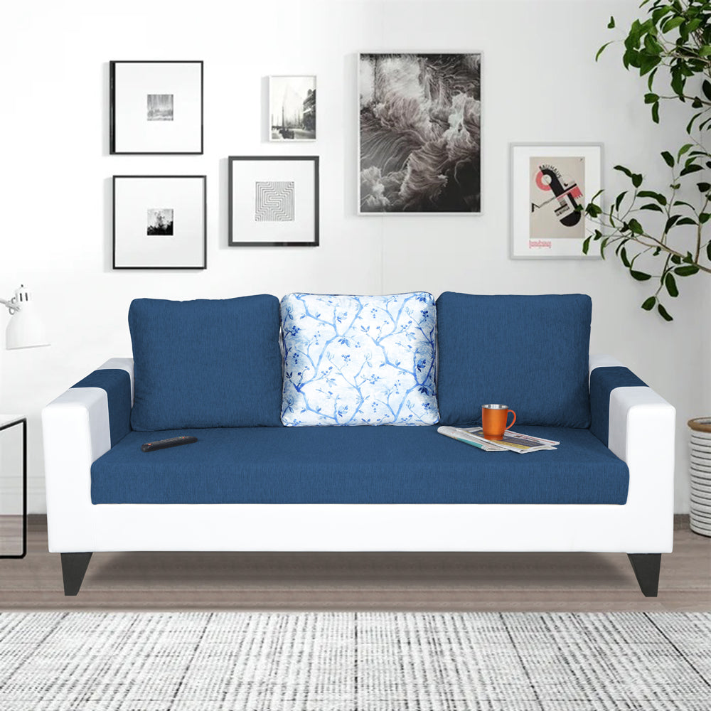 Adorn India Ashley Digitel Print Leatherette Fabric 3 Seater Sofa (Blue & White) (3 Year Warranty)