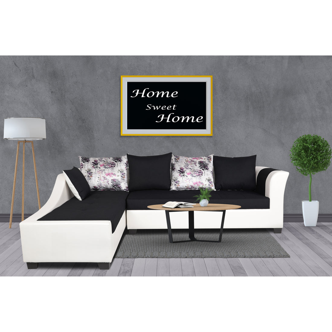 Adorn India Aliana L Shape Leatherette Fabric 6 Seater Sofa Set LHS (Black & White) (3 Year Warranty)