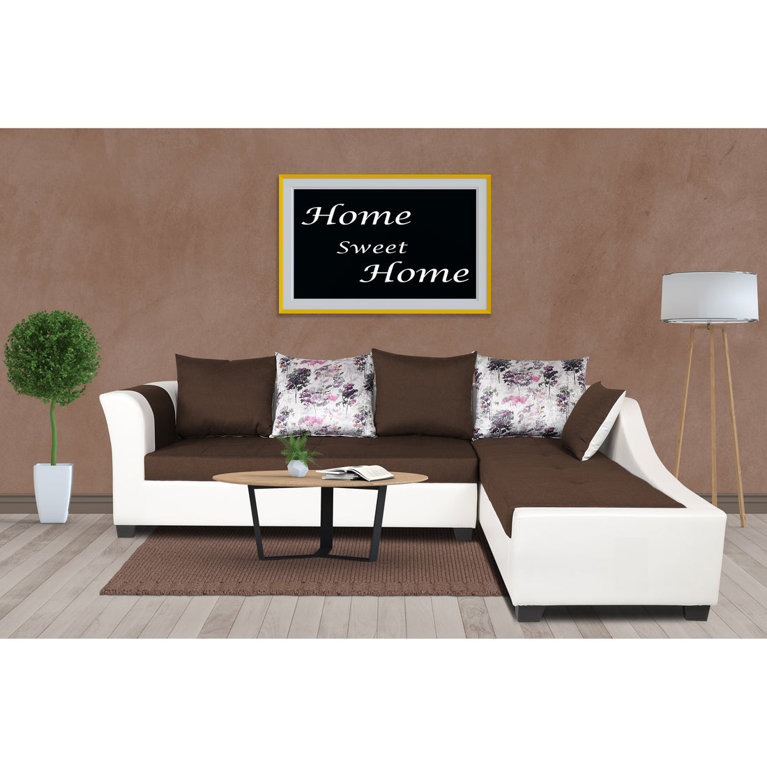 Adorn India Aliana L Shape Leatherette Fabric 6 Seater Sofa Set RHS (Brown & White) (3 Year Warranty)