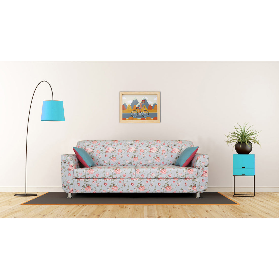 Adorn India Roselyn 3 Seater Sofa Digitel Print (Blue)