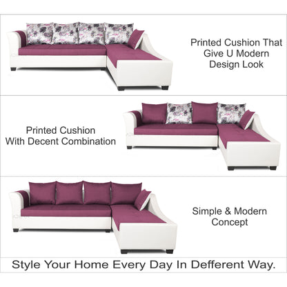 Adorn India Aliana L Shape Leatherette Fabric 6 Seater Sofa (Light Purple & White)
