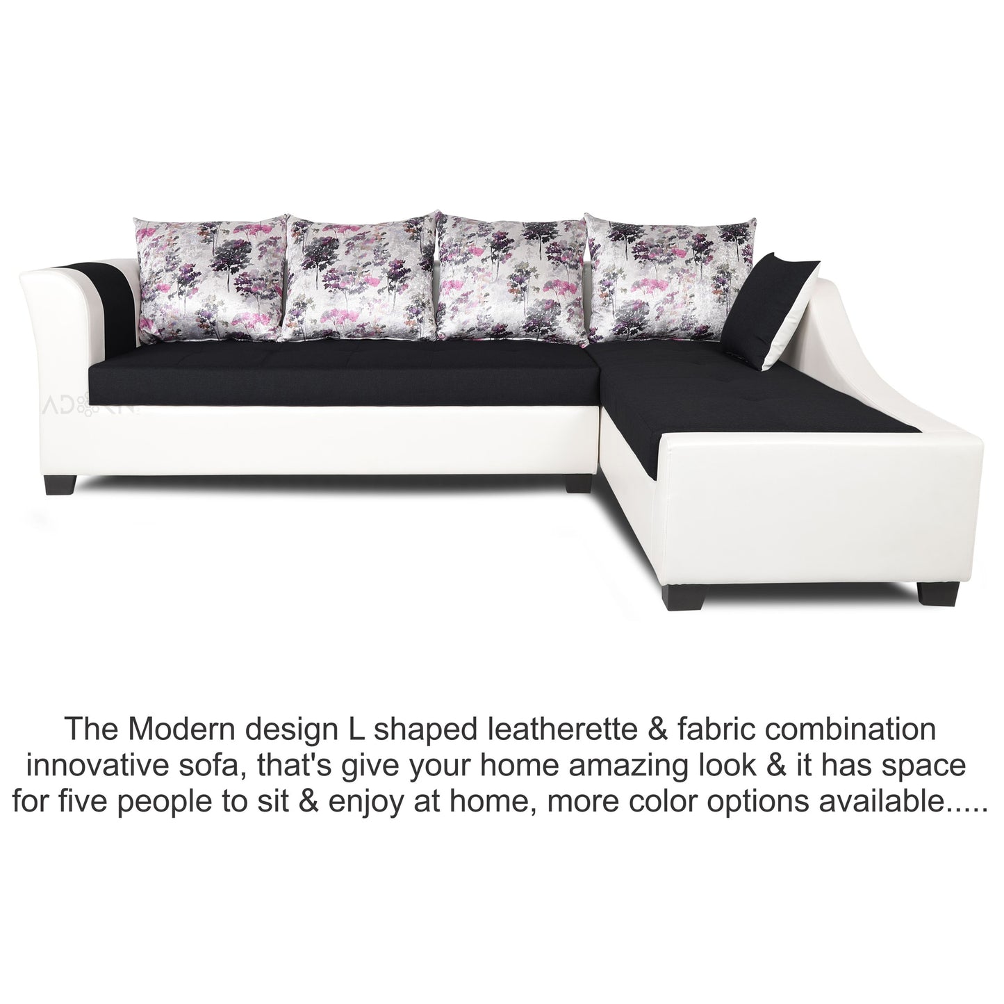 Adorn India Aliana L Shape Leatherette Fabric 6 Seater Sofa (Black & White)