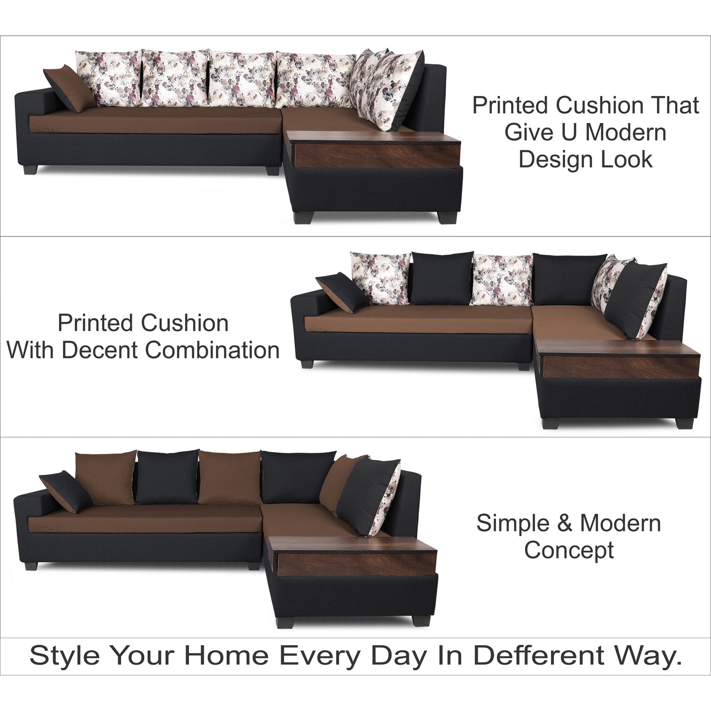 Adorn India Orlando Fabric  L Shape 6 seater Sofa  set (Black & Brown)