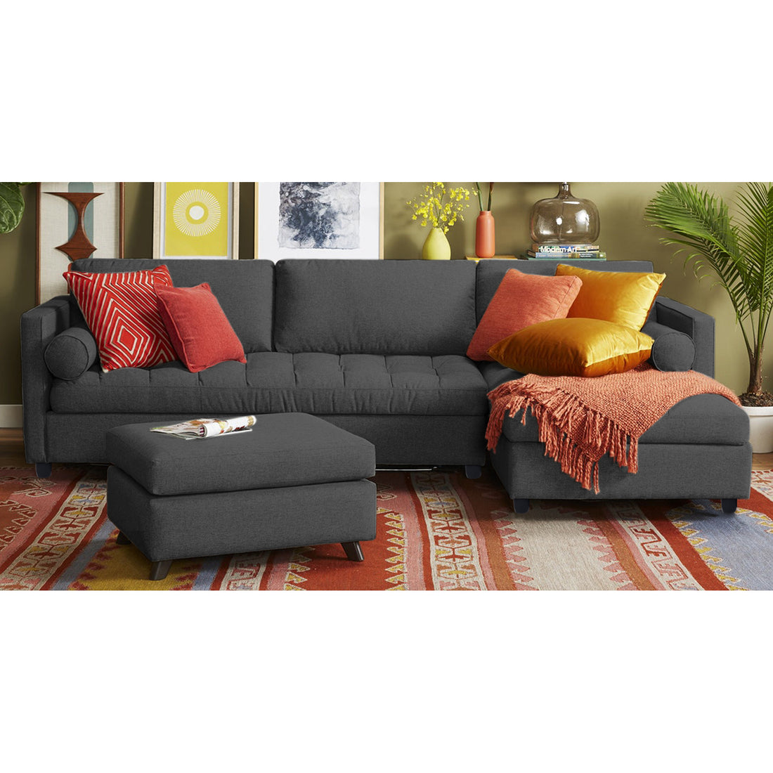 Adorn India Alexander L Shape 7 Seater Sofa Set with Ottoman Puffy RHS (Dark Grey) (3 Year Warranty)