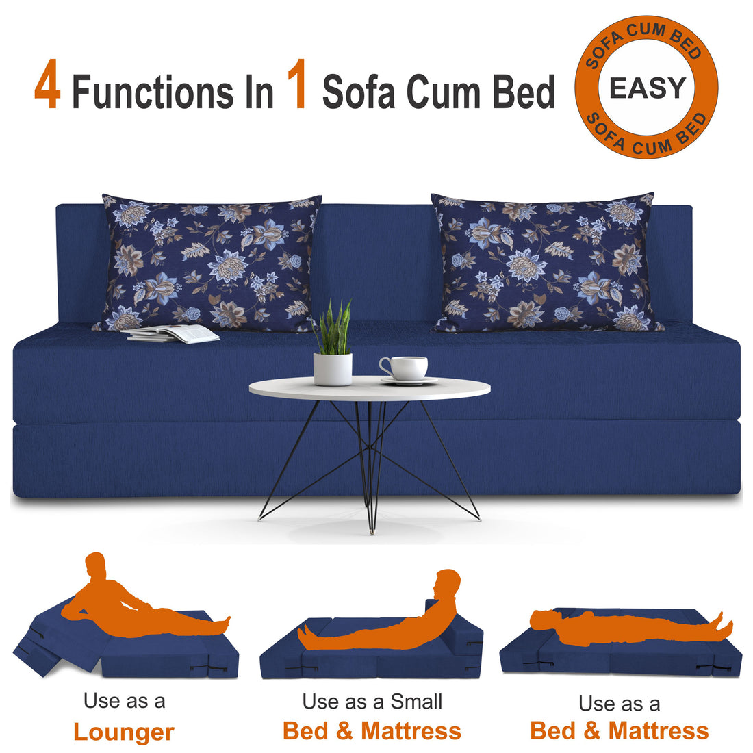 Adorn India Easy Three Seater Sofa Cum Bed Floral '6 x 6' (Fabric, Blue)