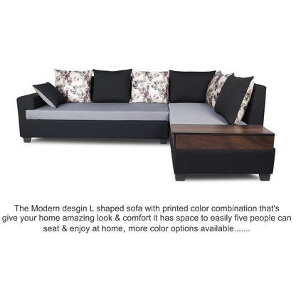 Adorn India Orlando Fabric  L Shape 6 seater Sofa  set (Black & Light Grey)
