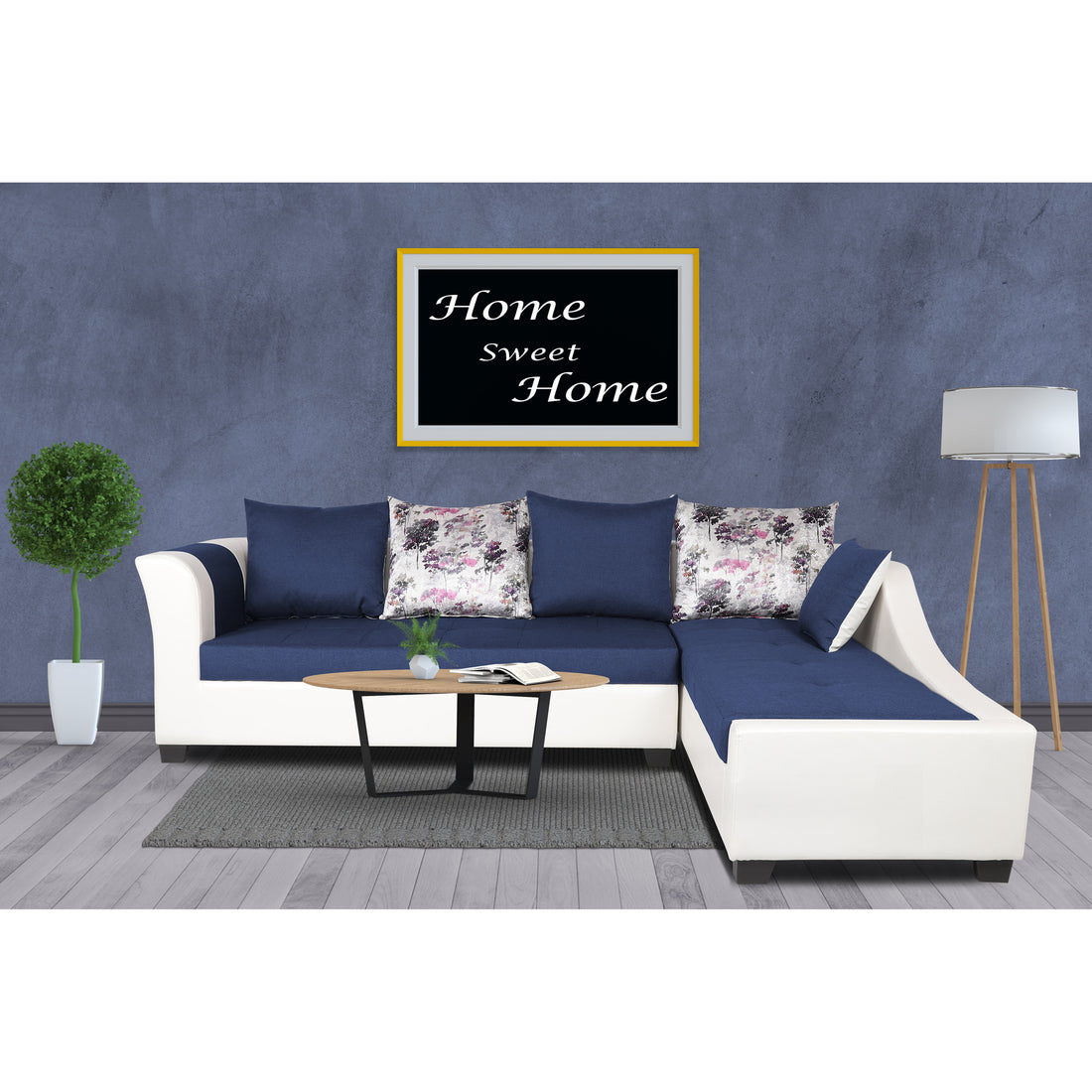Adorn India Aliana L Shape Leatherette Fabric 6 Seater Sofa (Blue & White)