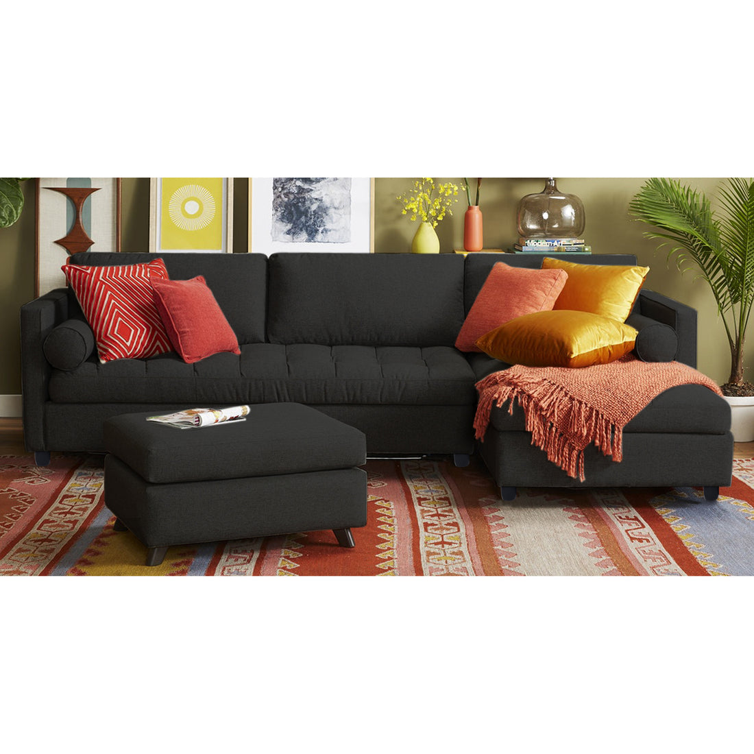 Adorn India Alexander L Shape 7 Seater Sofa Set with Ottoman Puffy RHS (Black) (3 Year Warranty)