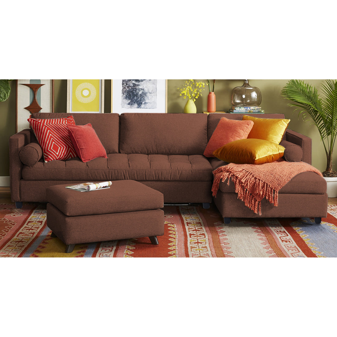 Adorn India Alexander L Shape 7 Seater Sofa Set with Ottoman Puffy RHS (Brown) (3 Year Warranty)
