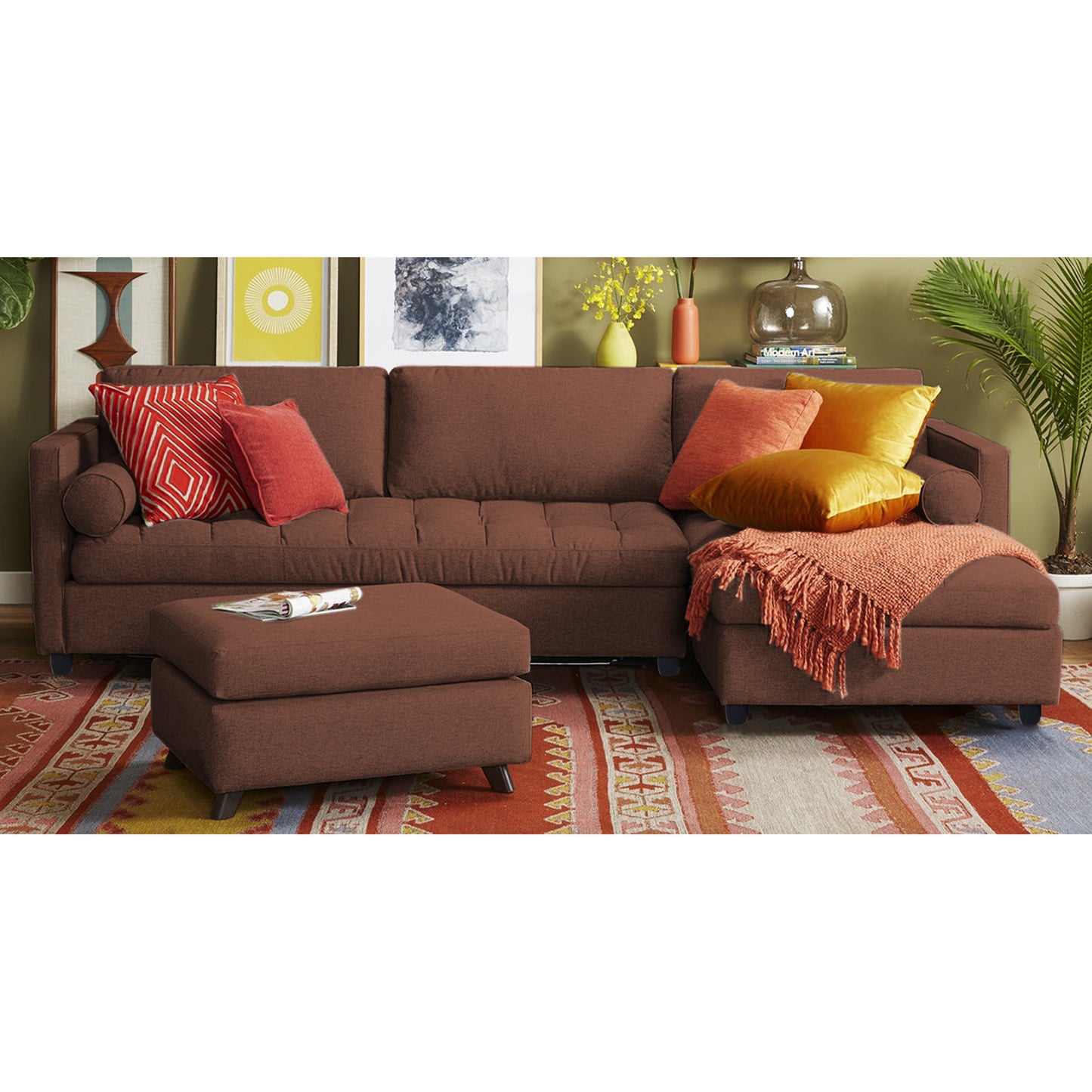 Adorn India Alexander L Shape 6 Seater Sofa (Right Side Handle)(Brown)