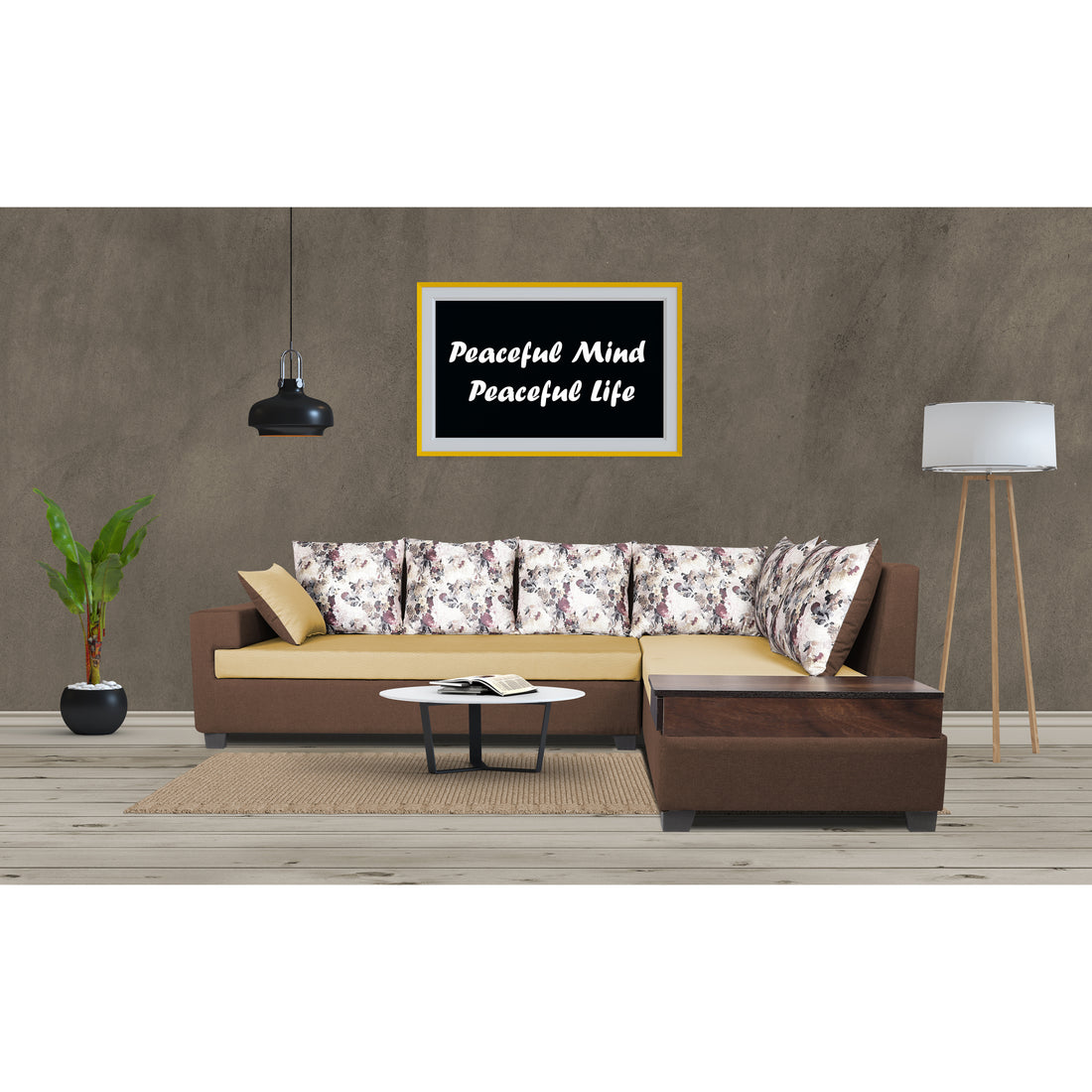 Adorn India Orlando Fabric L Shape Sofa (Brown and Beige)