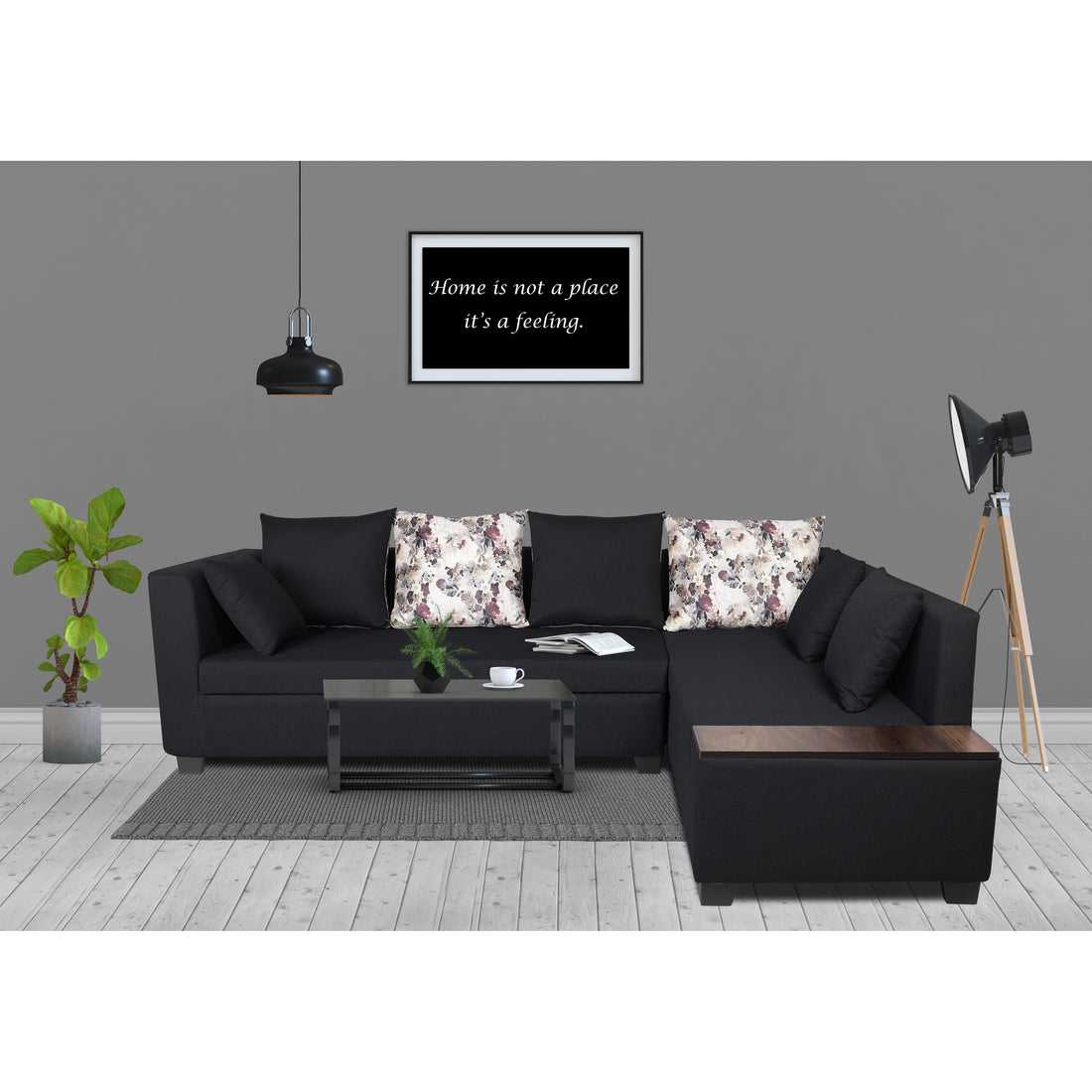 Adorn India Mclain L Shape 6 Seater Sofa (Black)