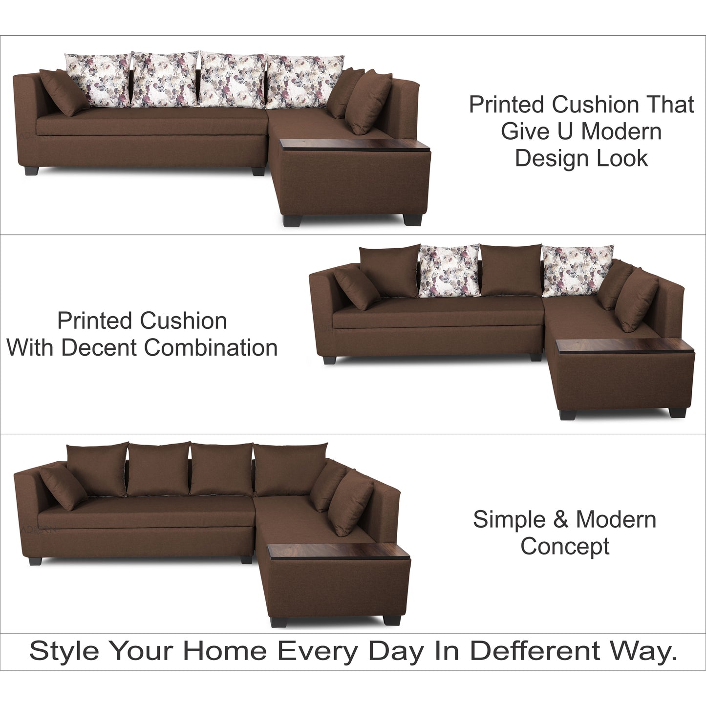 Adorn India Mclain L Shape 6 Seater Sofa (Brown)