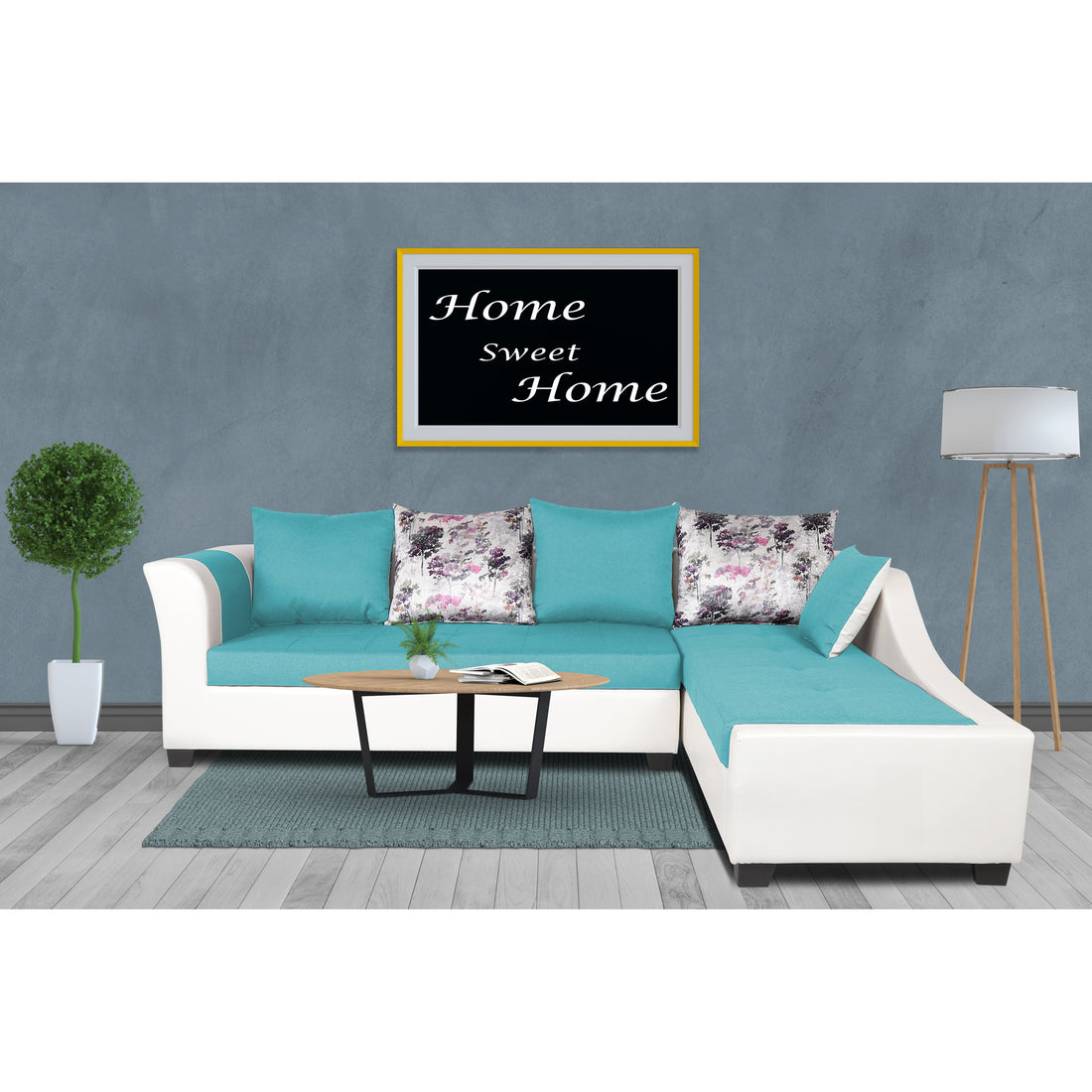 Adorn India Aliana L Shape Leatherette Fabric 6 Seater Sofa Set RHS (Aqua Blue & White) (3 Year Warranty)
