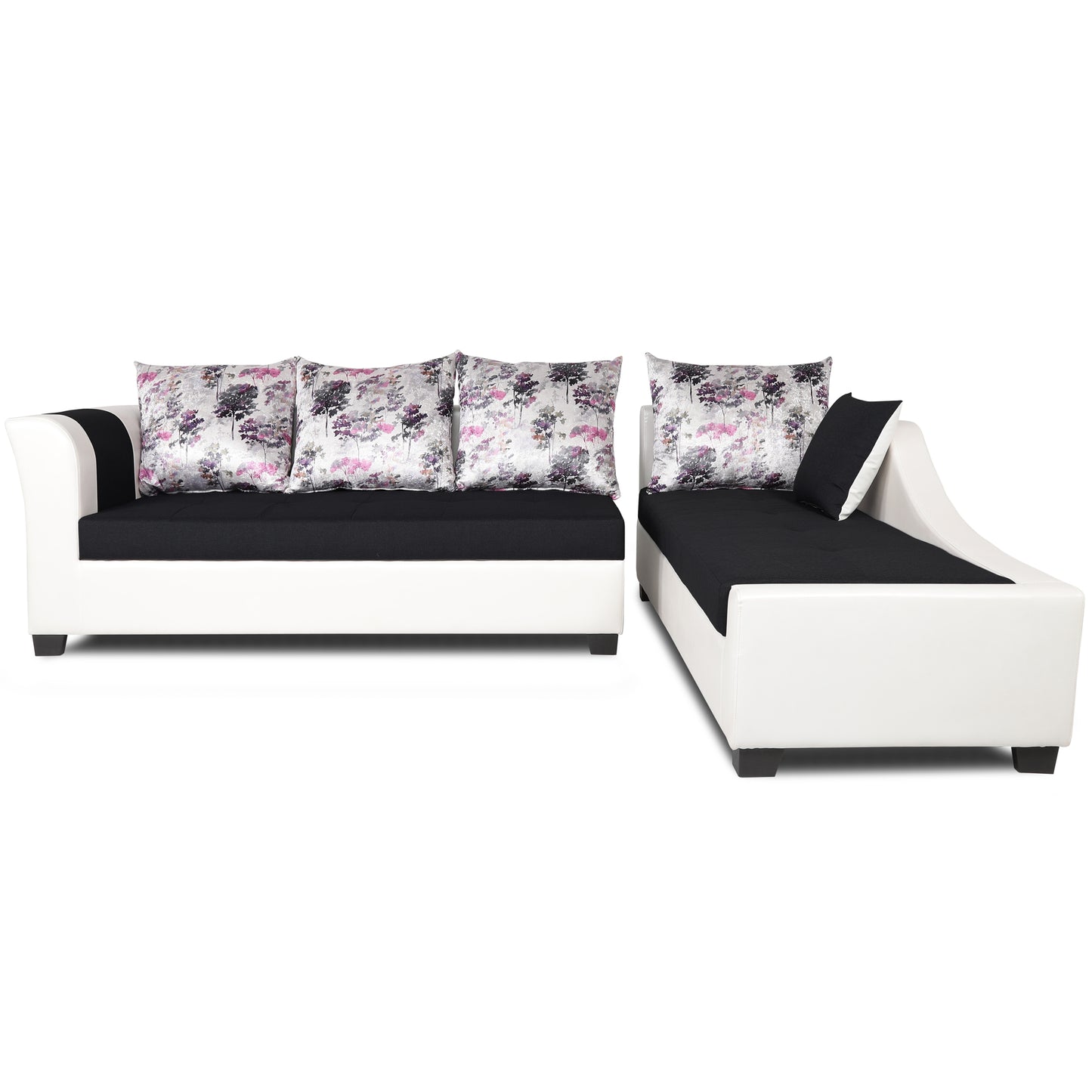 Adorn India Aliana L Shape Leatherette Fabric 6 Seater Sofa (Black & White)