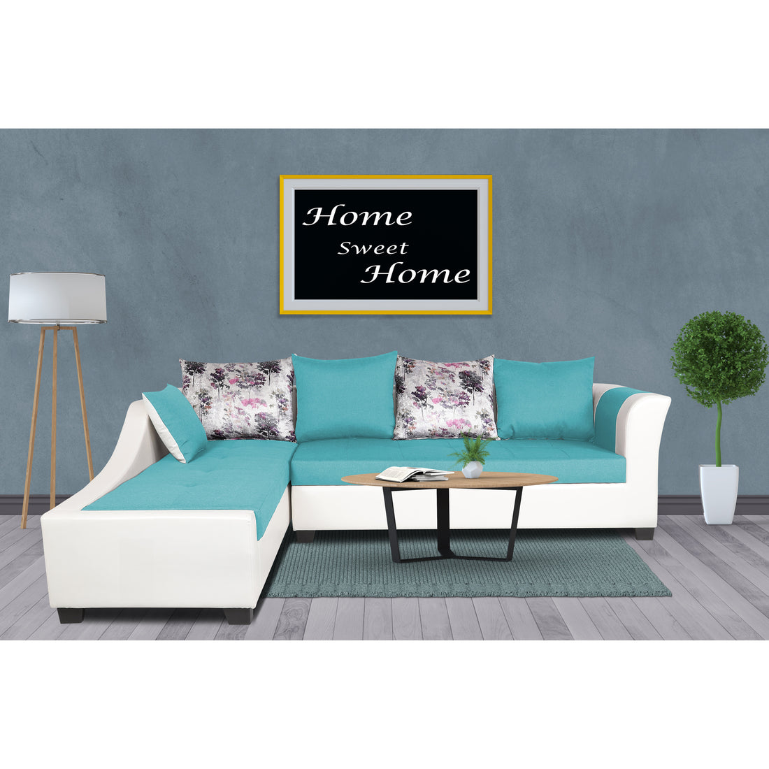 Adorn India Aliana L Shape Leatherette Fabric 6 Seater Sofa Set LHS (Aqua Blue & White) (3 Year Warranty)