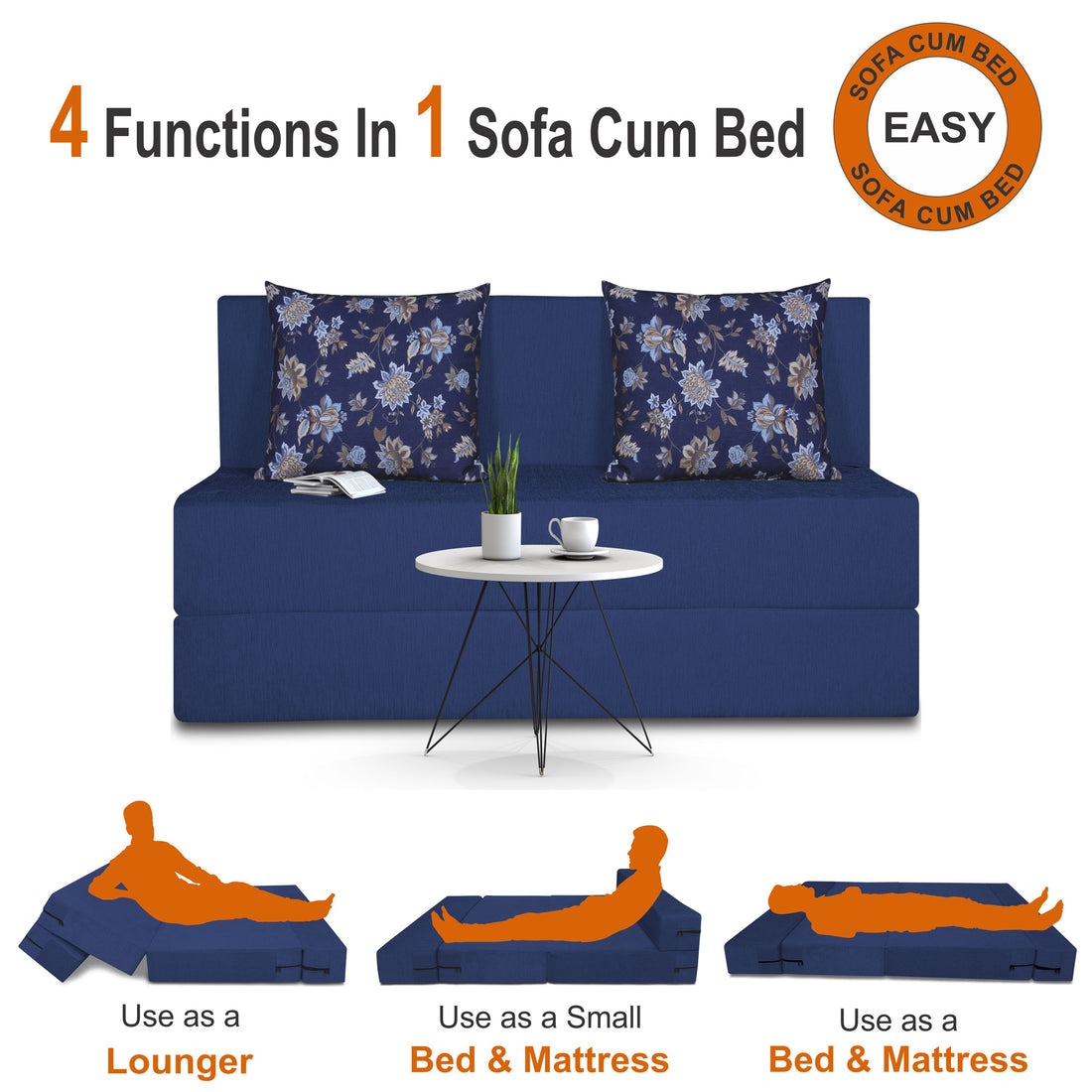 Adorn India Easy Two Seater Sofa Cum Bed Floral '4 x 6' (Blue), Foam