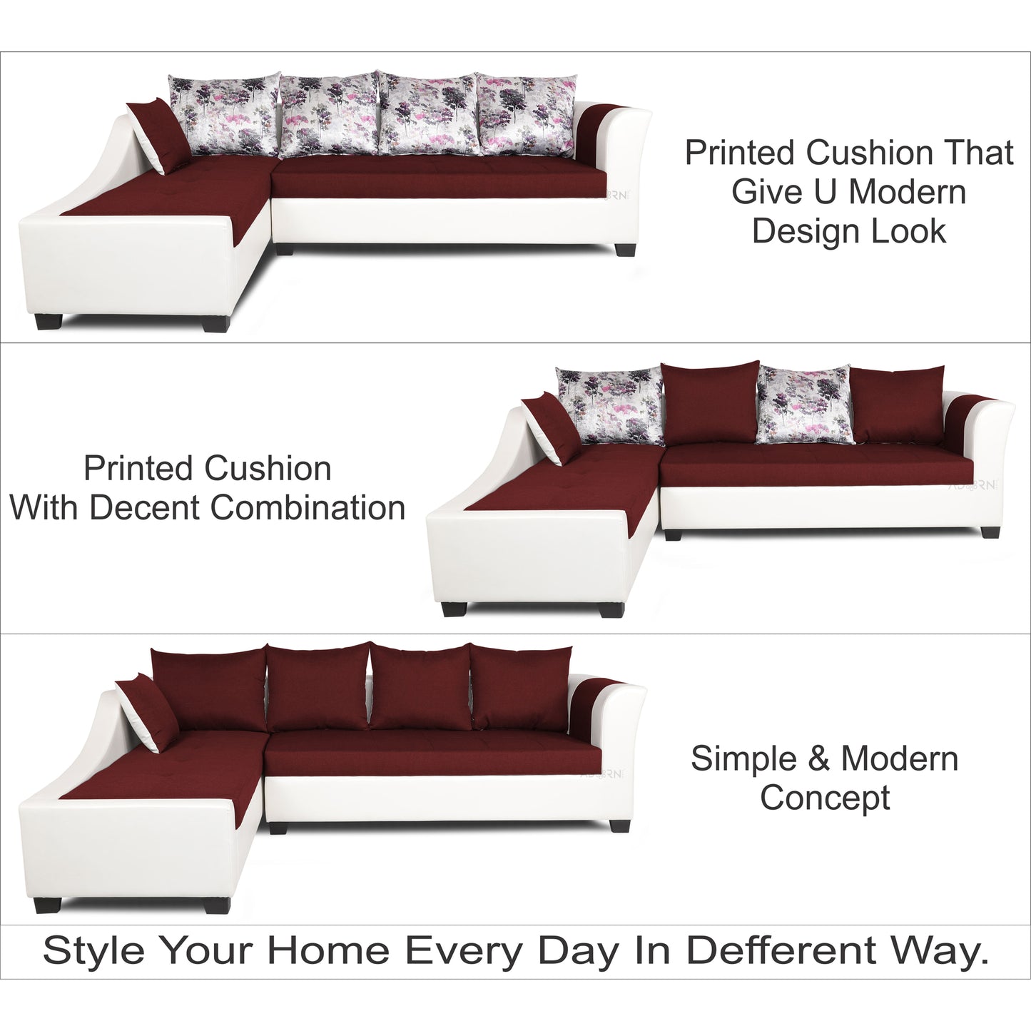 Adorn India Aliana L Shape Leatherette Fabric 6 Seater Sofa (Left Side Handle)(Maroon & White)