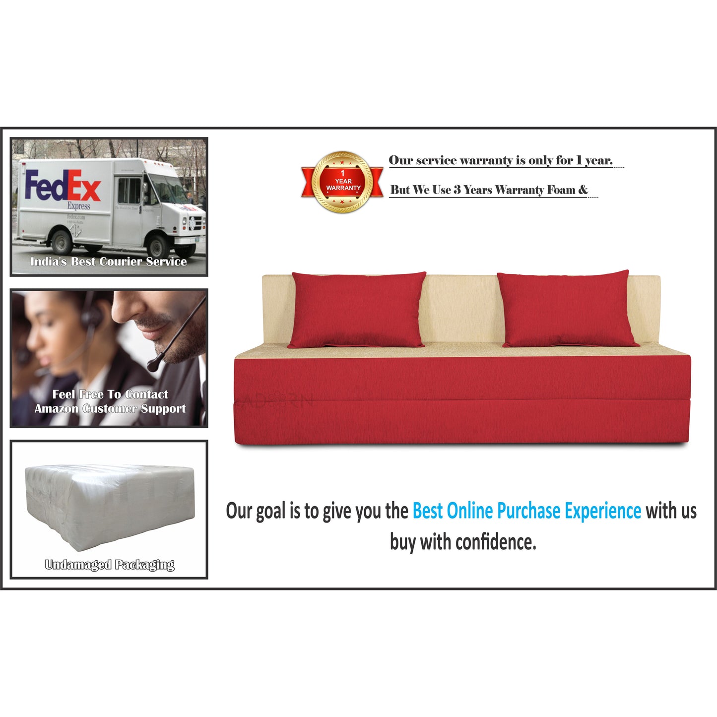 Adorn india Easy Three Seater Sofa Cum Bed(Red & Beige) 6'x6'