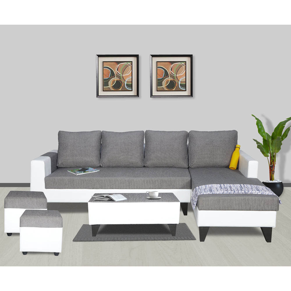 Adorn India Ashley Plain Leatherette Fabric L Shape 8 Seater Sofa Set with 2 Ottoman Puffy & Center Table RHS (Grey & White) (3 Year Warranty)
