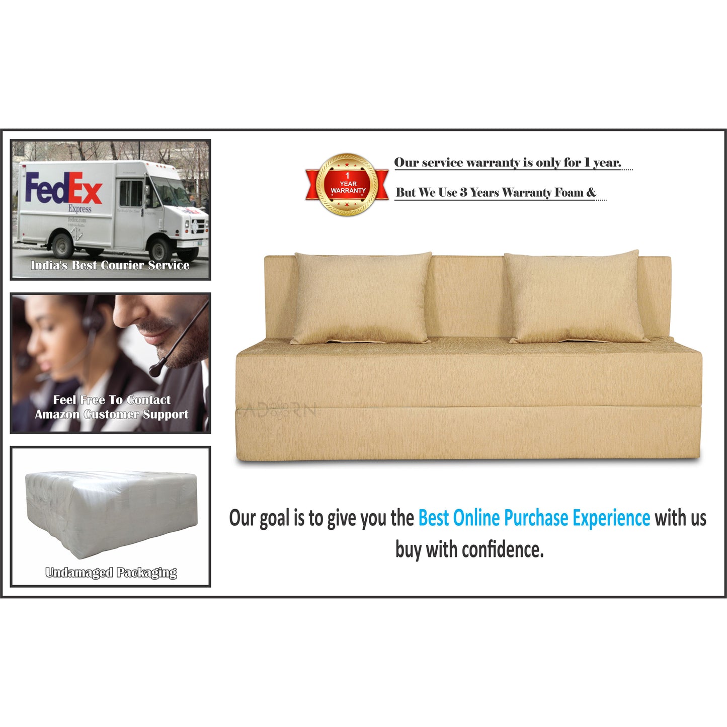 Adorn India Easy Three Seater Sofa Cum Bed Alyn 6'x 6' (Beige)