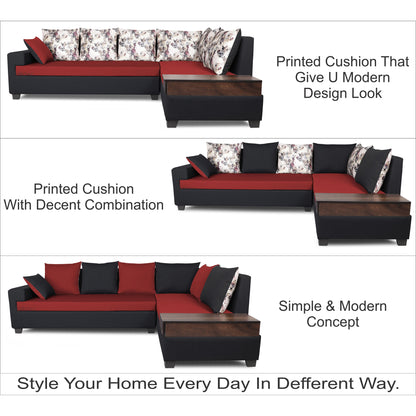 Adorn India Orlando Fabric  L Shape 6 seater Sofa  set (Black & Maroon)