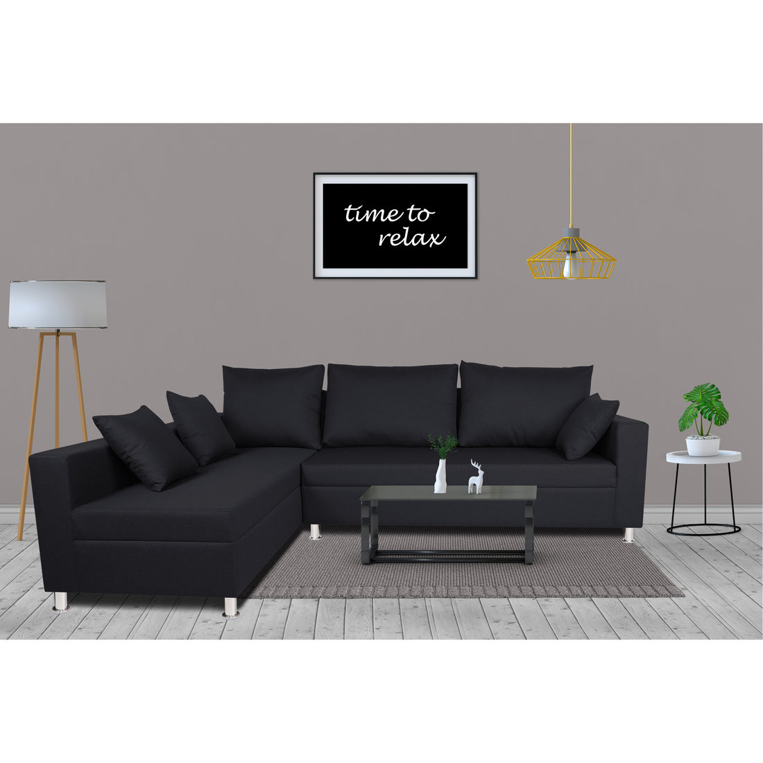 Straight Line L Shape 5 Seater Sofa Set (Left Side Handle) (Black)