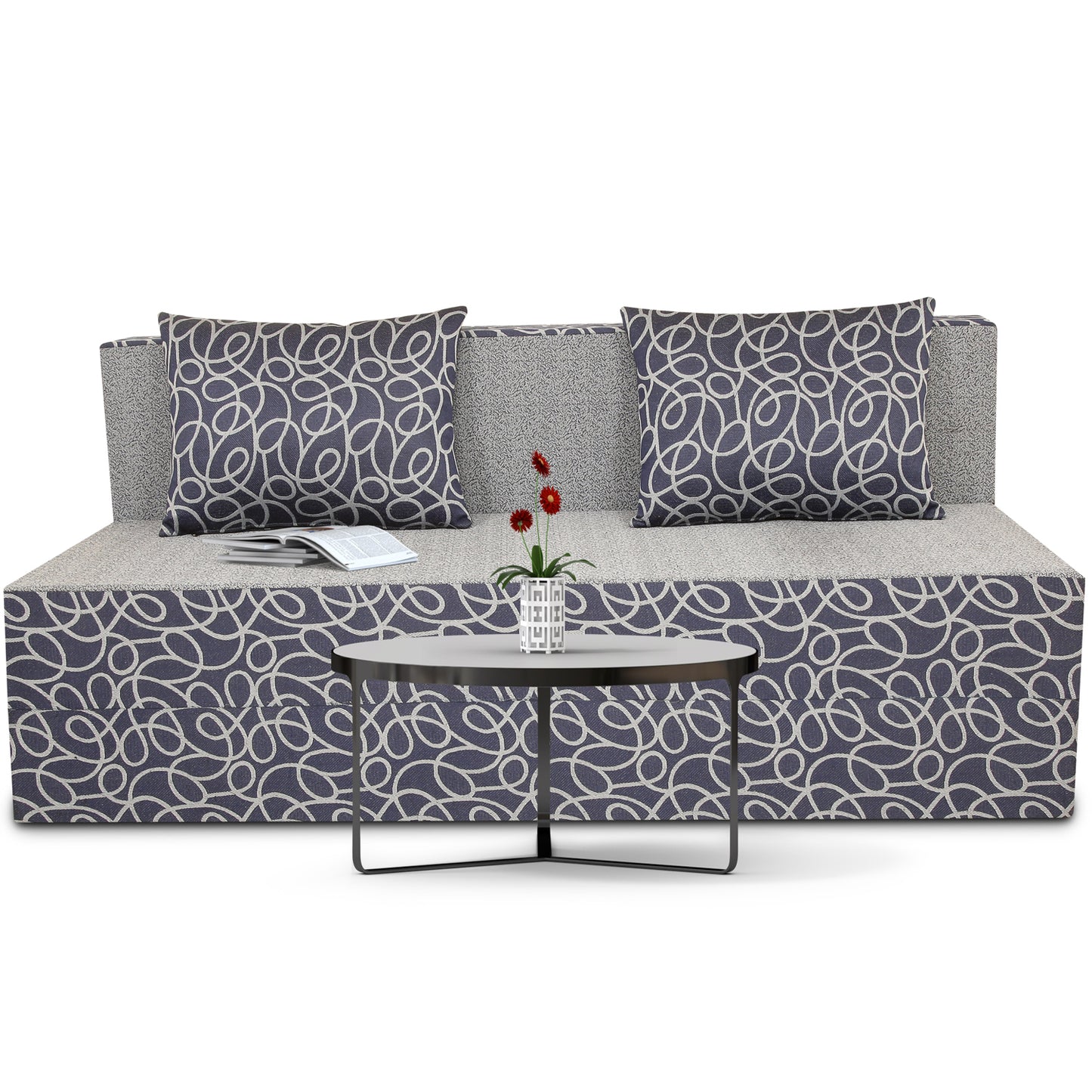 Adorn India Easy Three Seater Sofa Cum Bed Poly Cotton (Blue & Grey) 5'X6'