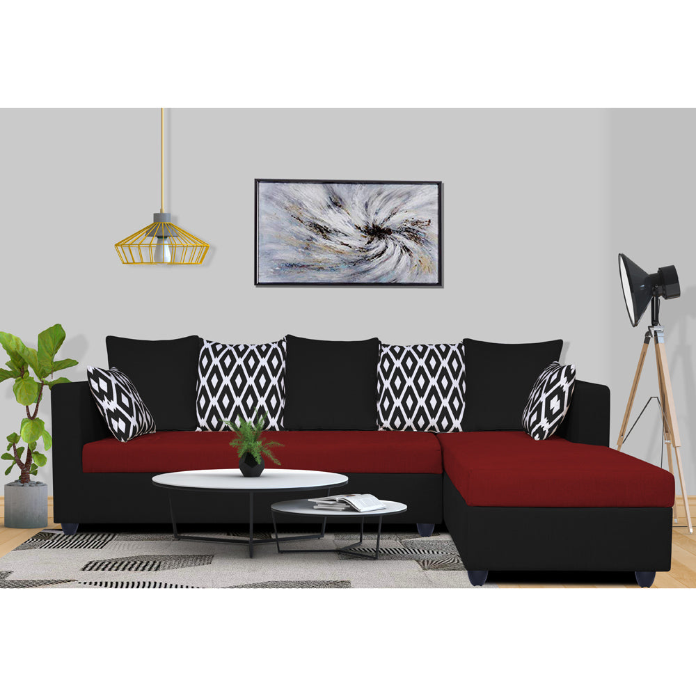 Zink Straight line L Shape 5 Seater Sofa Rhombus Cushion(Maroon & Black), Wood, Foam