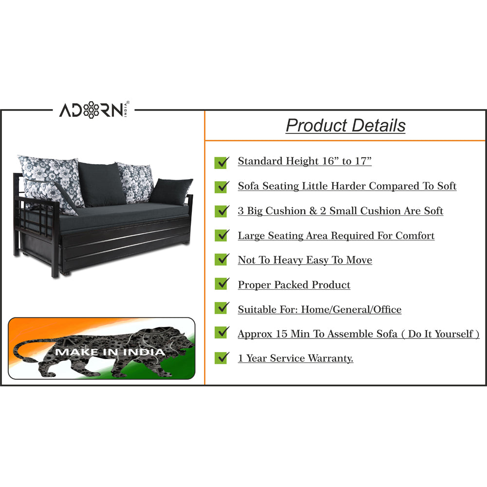 Adorn India Polar Black Metal Three Seater Sofa Cum Bed with Storage (6 x 5) (Dark Grey)