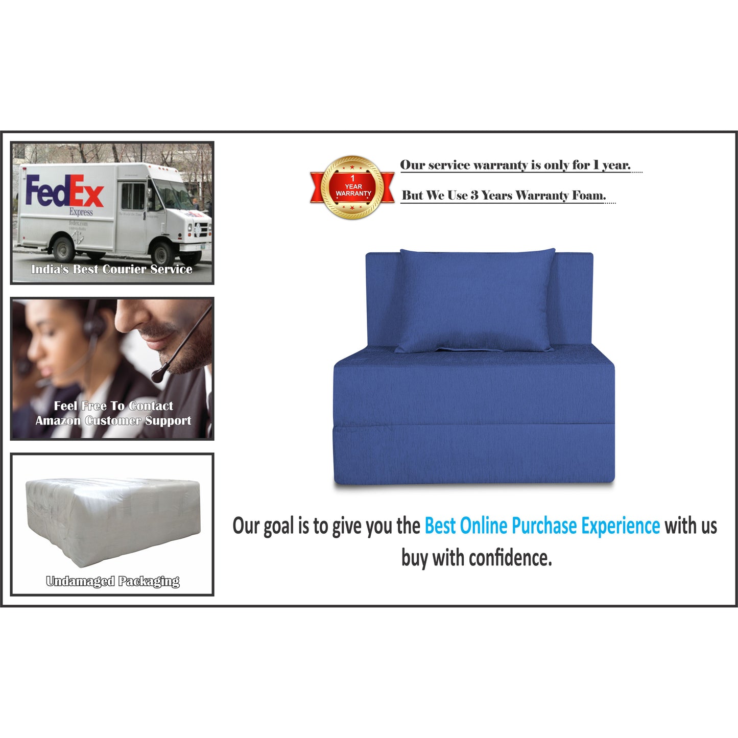 Adorn India Easy Single Seater Sofa Cum Bed Alyn 3'x 6' (Dark Blue)