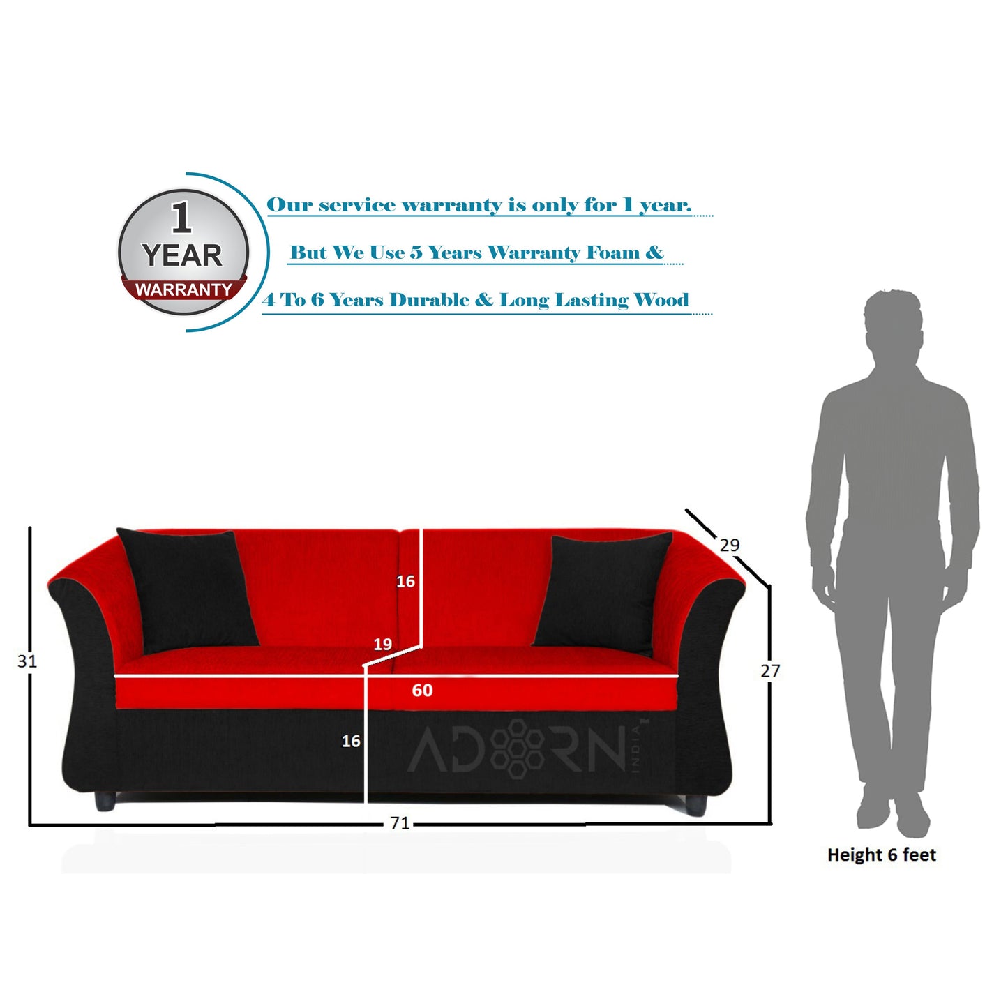 Adorn India Acura 3 Seater Sofa(Red & Black)