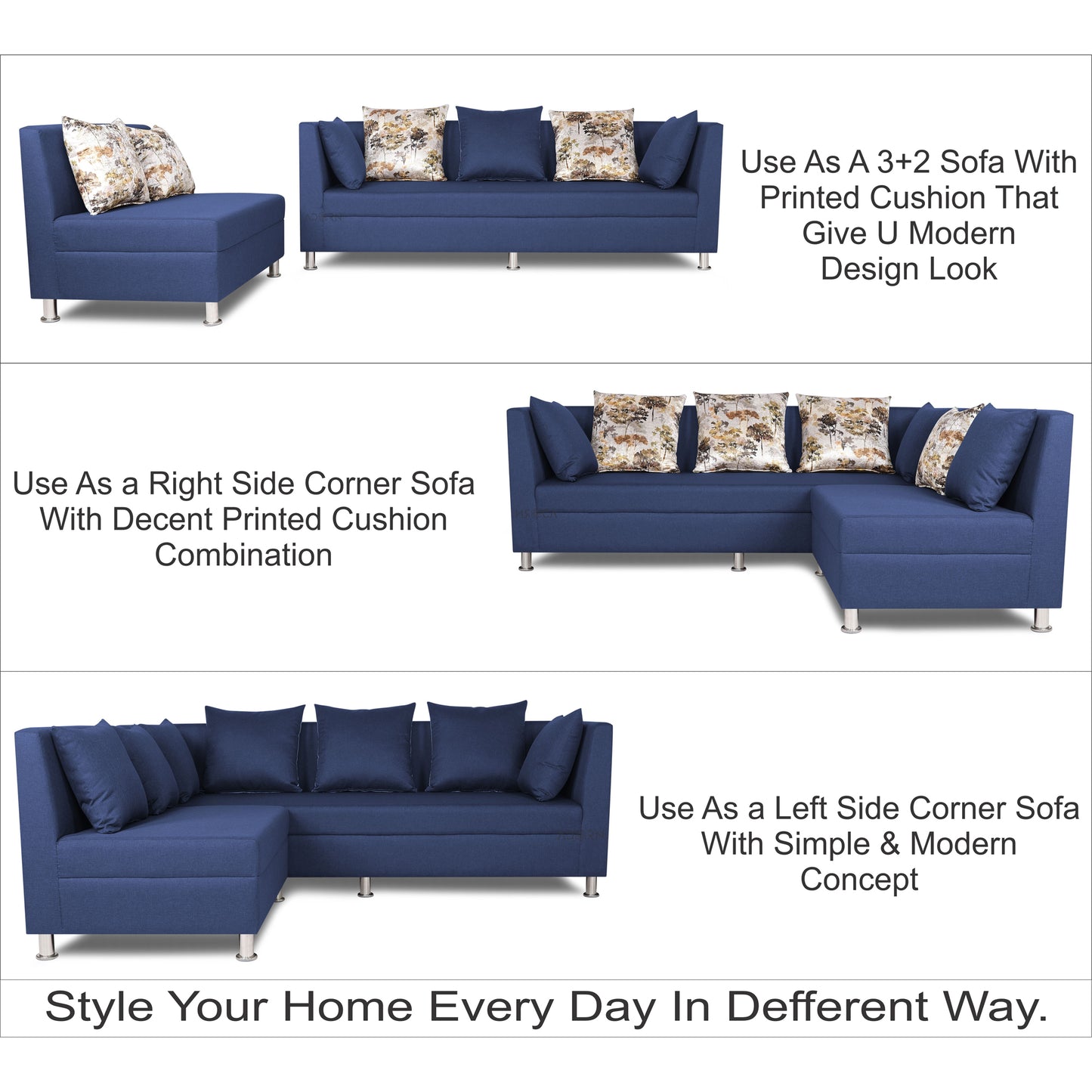 Adorn India Alica Modular Sofa Set(Blue)
