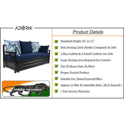 Adorn India Polar Black Metal Three Seater Sofa Cum Bed with Storage (6 x 5) (Blue)