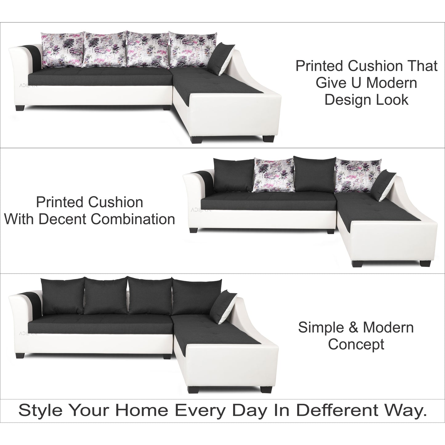 Adorn India Aliana L Shape Leatherette Fabric 6 Seater Sofa (Dark Grey & White)