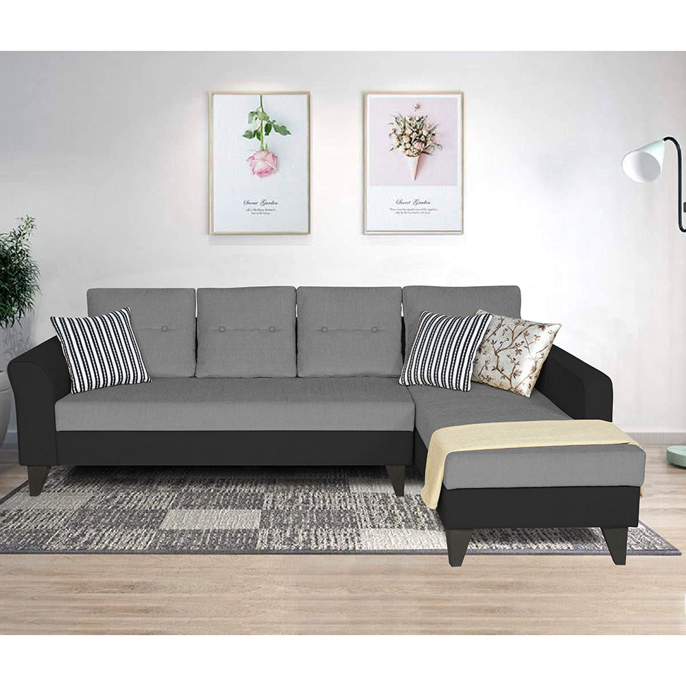 Adorn India Maddox Plain Two Tone L Shape 6 Seater Sofa Set RHS (Grey & Black) (3 Year Warranty)