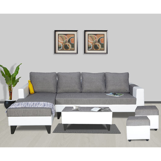 Adorn India Ashley L Shape Plain Leatherette Fabric Sofa Set 8 Seater with 2 Ottoman Puffy & Center Table (Left Side) (Grey)