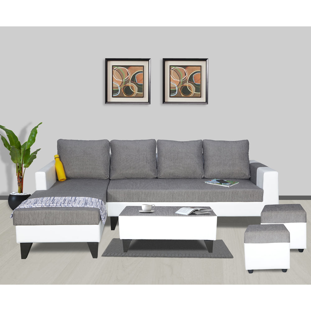 Adorn India Ashley Plain Leatherette Fabric L Shape 8 Seater Sofa Set with 2 Ottoman Puffy & Center Table LHS (Grey & White) (3 Year Warranty)