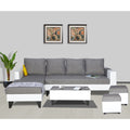 Adorn India Ashley Plain Leatherette Fabric L Shape 8 Seater Sofa Set with 2 Ottoman Puffy & Center Table LHS (Grey & White) (3 Year Warranty)