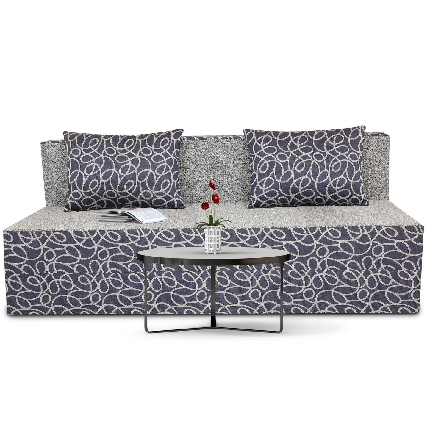 Adorn India Easy Three Seater Sofa Cum Bed Poly Cotton (Blue & Grey) (6'x 6')