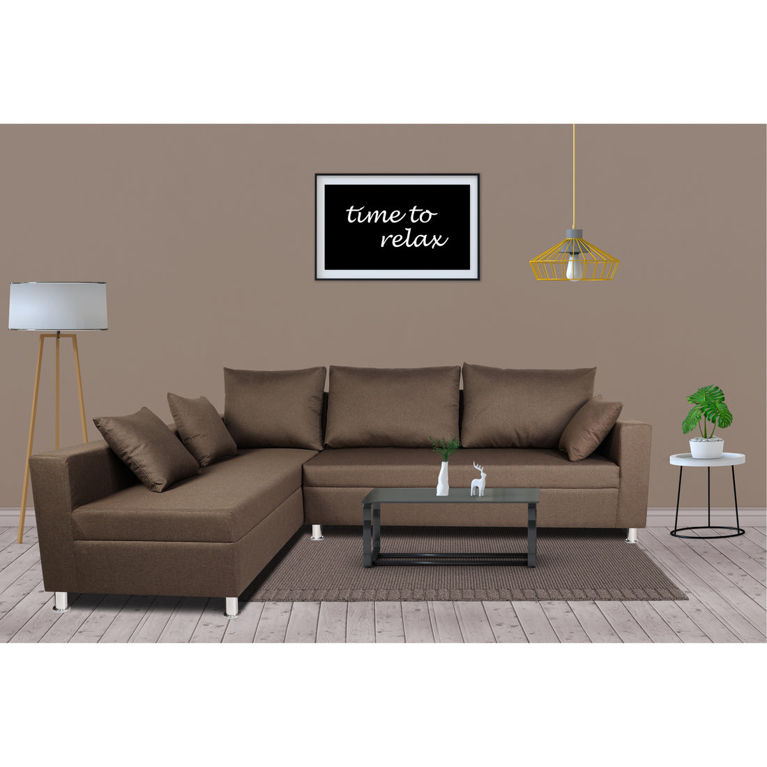 Straight Line L Shape 5 Seater Sofa Set Left Side Handle (Camel)