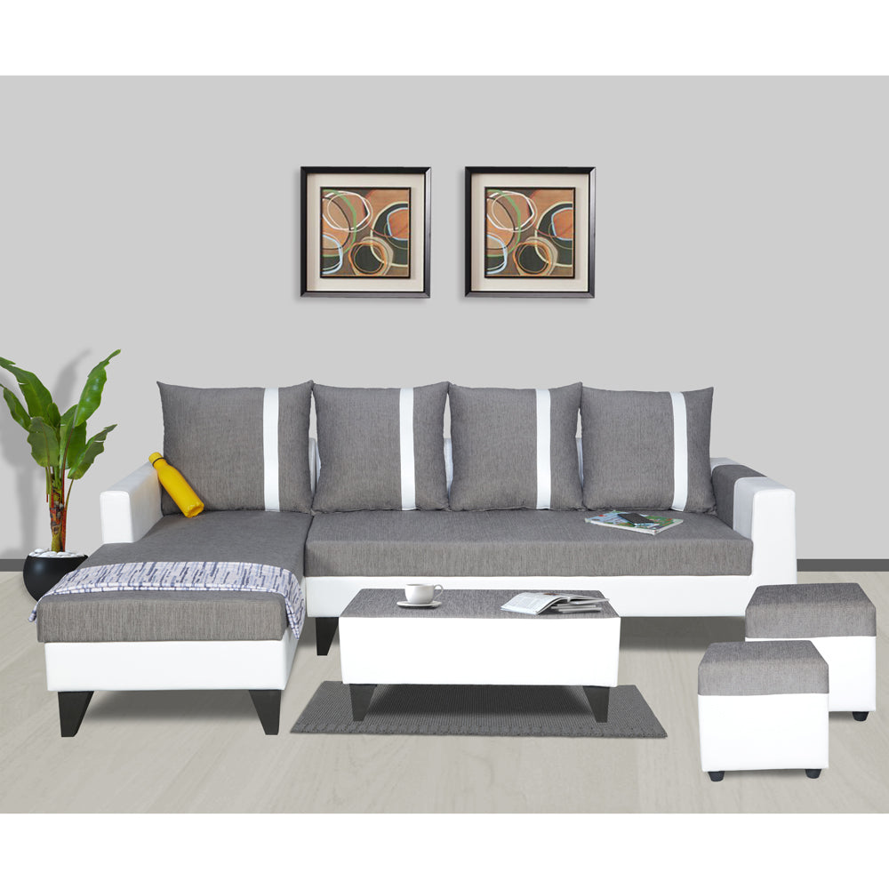 Adorn India Ashley Stripes Leatherette Fabric L Shape 8 Seater Sofa Set with 2 Ottoman Puffy & Center Table LHS (Grey & White) (3 Year Warranty)