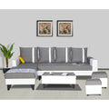 Adorn India Ashley Stripes Leatherette Fabric L Shape 8 Seater Sofa Set with 2 Ottoman Puffy & Center Table LHS (Grey & White) (3 Year Warranty)